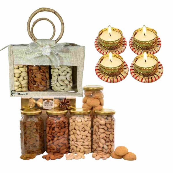 Diwali Gift Hamper with Premium Dry Fruits and Traditional Diyas