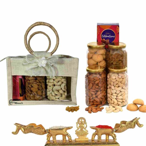 Festive Diwali Lakshmi Chopda with Dry Fruits, Diyas, and Celebration Treats