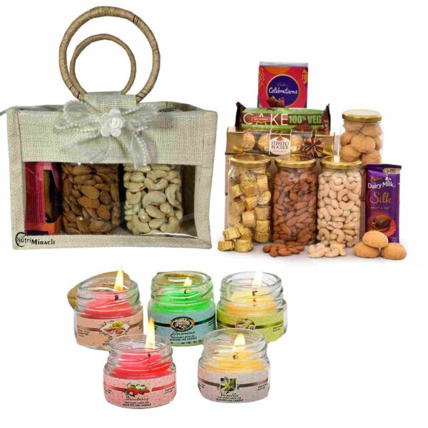 Diwali Gift Set with Candle, Carry Bag, Chocolate and Dry Fruits